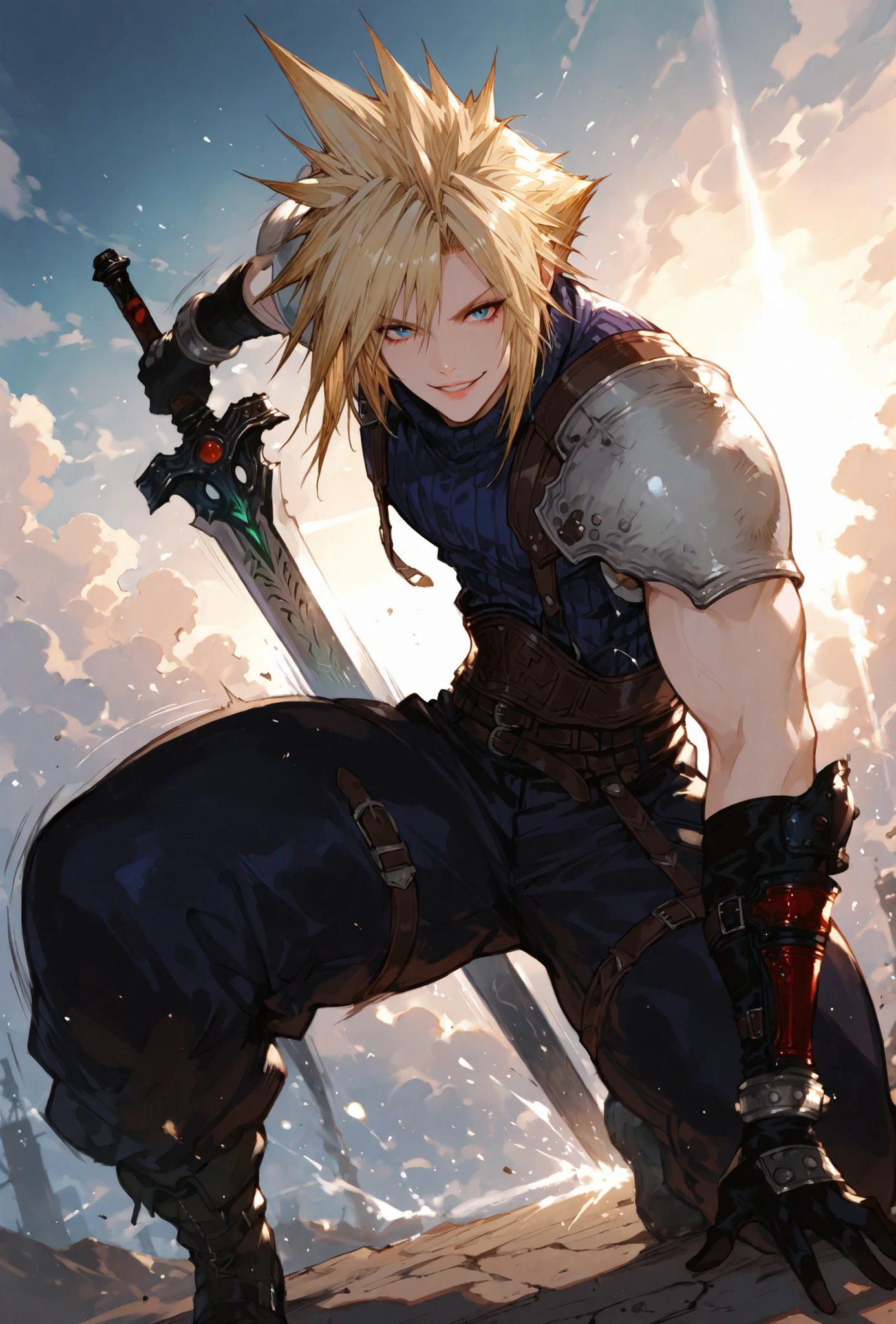 (((BARE ARMS))(score_9,score_8_up,score_7_up),((MAN, 1 MAN, CLOUD STRIFFE , FINAL FANTASY VII, CLOUD full SOLDIER clothers, WITH A BASTARD SWORD,), ,,extremely detailed,dynamic lighting,best quality,,,best quality,high quality,, , dynamic angle, , thick thighs, motion lines,, , solo, perfect eyes,,DETAIL,MASTERPIECE,,Expressiveh, ultra detailed,,,,very detailed,extremely detailed,dynamic lighting,best quality,(score_9,score_8_up,score_7_up), CLOUD, FINAL FANTASY VII, BLUE eyes, BLONDE SPIKY hair, , BADASS POSE,ATLETICH BODY TYPE,,extremely detailed,dynamic lighting,best quality,pale skin,evil smile,, sleeve, BLACK GLOVES