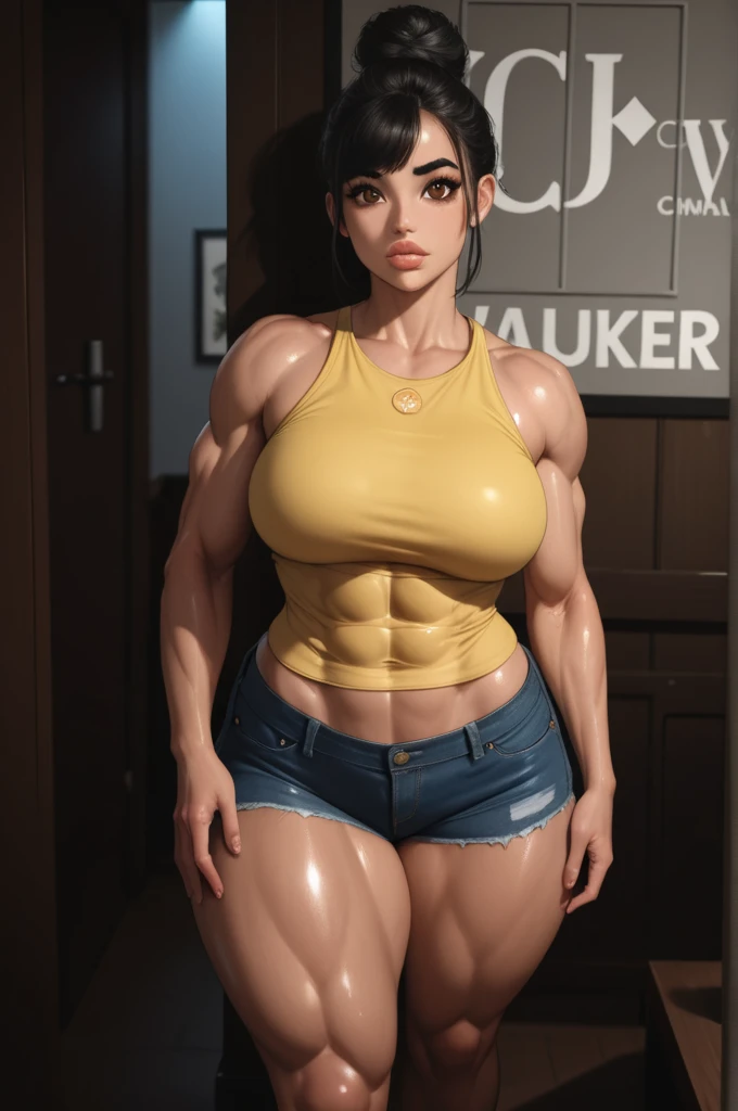 lndswgnr_v1.0, (Sharp focus: 1.5), (sharp focus:1.2), anime, attractive young woman, (beautiful face:1.1), bodybuilder, huge biceps, flexing, long sleeve shirt, tight shirt