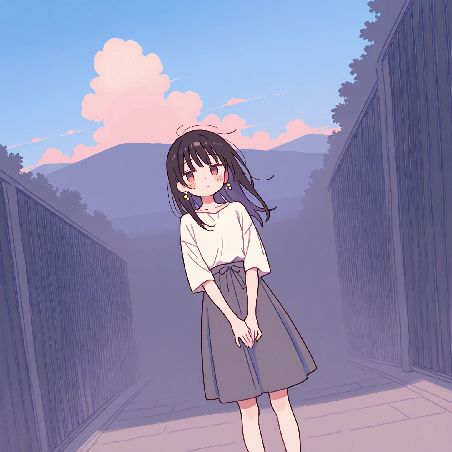 masterpiece, best quality, 1girl, yui_\(princess_connect!)\ mamerakkkkko, manga style, japanese, chi no wadachi, black eyes, street, iced, black hair, schoolbag, smile, lineart, white background, white shirt, grey shorts, centered, 18 years old, tall, fair skinned, bokeh background, crying, tears, straight-on, tears streaming
