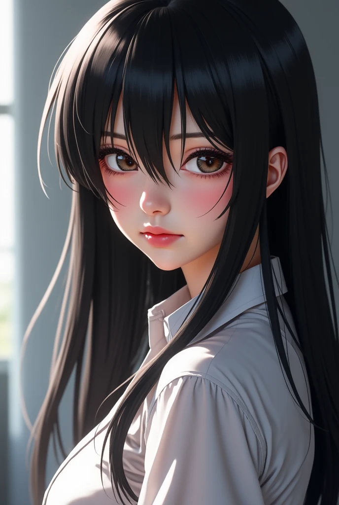 has a woman with long black hair  a white shirt, seductive tifa lockhart portrait, photorealistic anime  render, photorealistic anime, 3 d anime realistic, tifa lockhart, anime. gentle lighting, hyper realistic anime, tifa, tifa lockhart taken on canon eos r 6, tifa lockhart portrait, realistic. cheng yi, gray-haired tifa lockhart