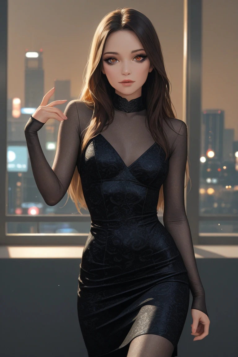 A fashionable ，wears a tight black dress，About 25 years old，Elegant gesture，Perfect body proportions，Slim waist，Delicate facial features，Meticulous eye details，Natural makeup，Smooth long hair，Glamorous Eyes，Gaze at the viewer，realistic style，cinematic lighting，8K high-definition，Professional photography，Perfectcomposition，Stylish styling，Urban background，Modernity，high quality render