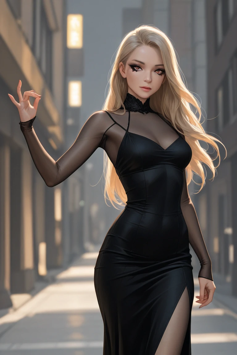 A fashionable ，wears a tight black dress，About 25 years old，Elegant gesture，Perfect body proportions，Slim waist，Delicate facial features，Meticulous eye details，Natural makeup，Smooth long hair，Glamorous Eyes，Gaze at the viewer，realistic style，cinematic lighting，8K high-definition，Professional photography，Perfectcomposition，Stylish styling，Urban background，Modernity，high quality render