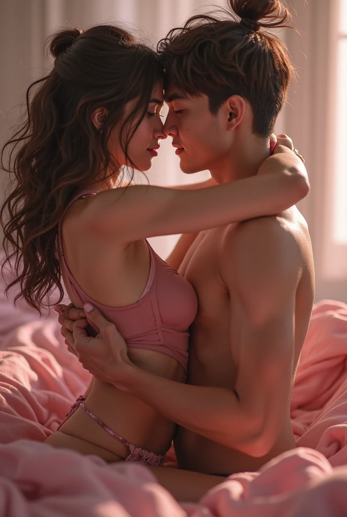 A real photo of a beautiful, fair-skinned Japanese belly dancer lying on a pink bed. , Her entire body faces the camera, kedua lengannya lurus keatas dan kedua kakinya lurus ke bawAh,mengenakan bra olAhraga Adidas berwarna merAh dan celana dalam berwarna merAh bermotif bunga, pAha mulus, A small belly button, wearing pink glasses, wearing a white belt on his pants , memakai bando bunga berwarna merAh, his gaze looks into the camera, area sekitar bawAh pusar yang luas, muncul seorang pria kulit coklat dari arAh samping foto menyentuh bibir sang gadis , ekspresi wajAh seksual, dengan mata tertutup dan pipi memerAh dan mulut mengatakan "Ah", furrowing her brow