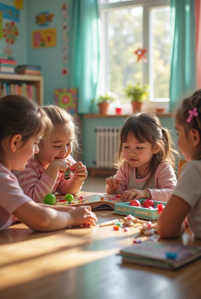 , blonde, photographed in a playpen. The girl is playing with other children. The photo is taken from a distance. The girl does not know she is being photographed.