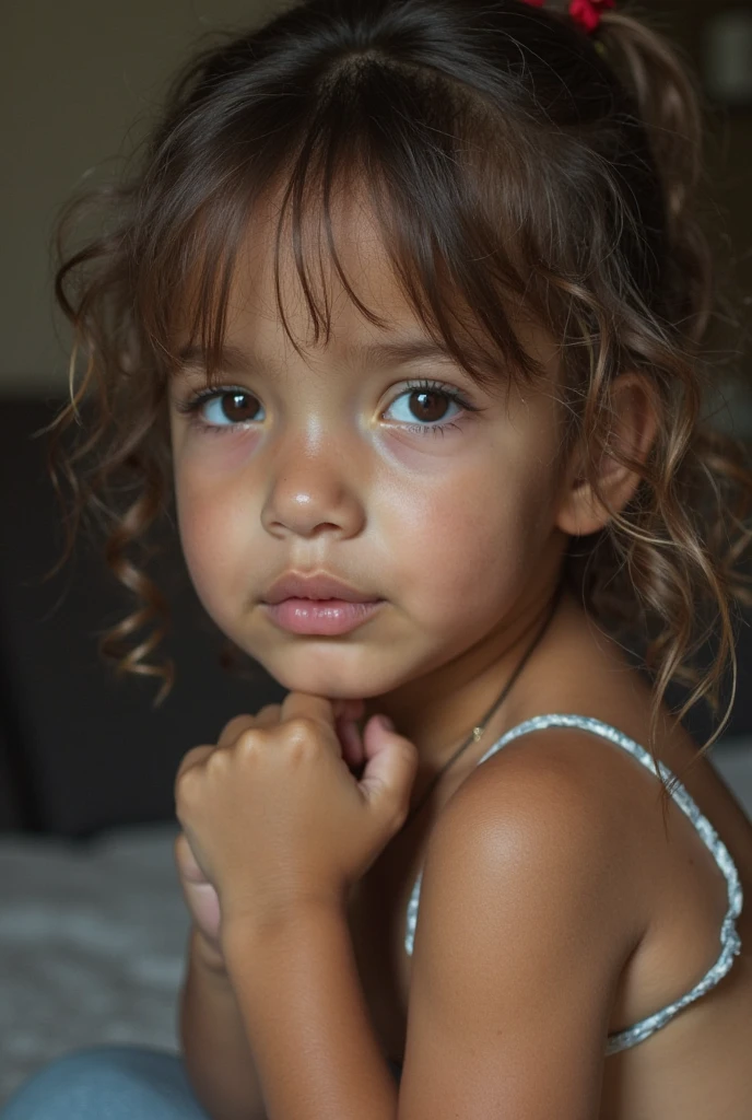 Brown eyed baby girl with yellow, short curly brown hair and white skin with a pink dress
