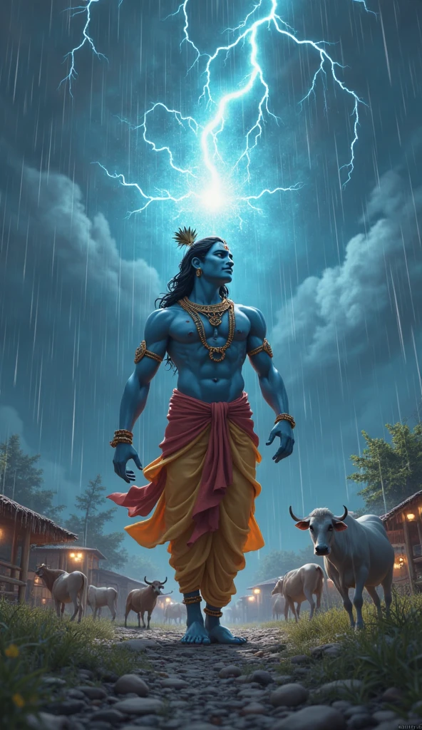 Krishna ji standing on a rock in foggy rainy weathere with lightning striking in the back with doing namaste hand sign ang a cow
on the side
eyes closed and head up towards sky and a neckless of flowers in neck
Ans muscular body