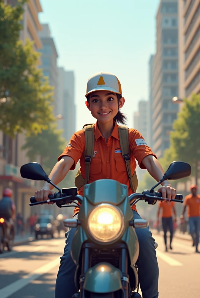 a sketch anime girl with smiling face, who wearing blue jacket and blue helmet, she riding a blue motorcycle, looking in her hand