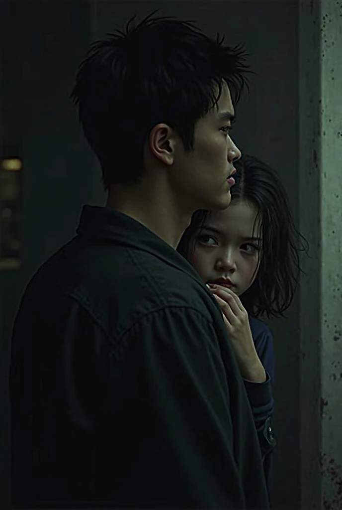 create image of short haired attractive korean girl n boy wearing a black Hoodie and short jeans pants , on a mission to infiltrate enemy operation base together, they are leaning on each other back and watching each other , setting in dense forest , heavy rain