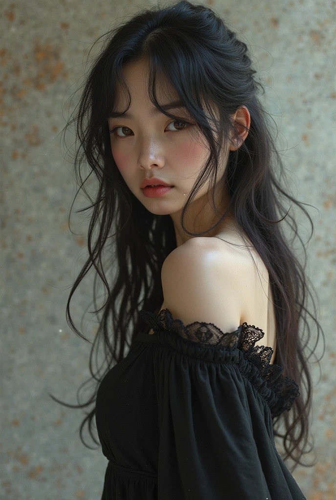 A black-haired girl with brown eyes and a pretty black dress - SeaArt AI