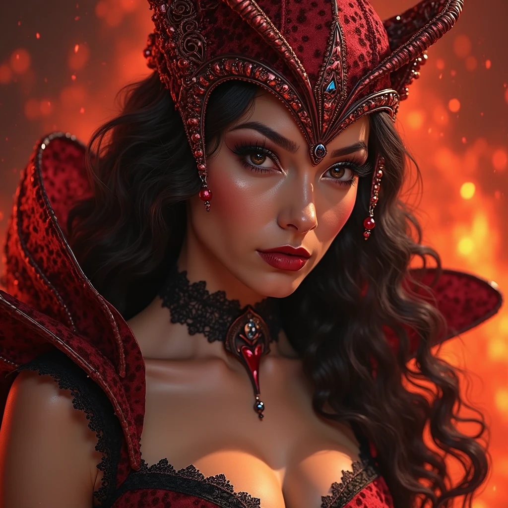 Arafed a dark glamour picture of the queen of demons in the halls of hell, full body shot, a demons queen magnificent and full of awe, black hair, long hair, flowing hair, bold intense eyes, extremely exquisite beautiful queen, perfect body, (anatomically correct: 1.3), ultra feminine, ultra detailed face, black lips, fiery glowing eyes, (demonic horns from head: 1.1) , (red skin: 1.3), dynamic angle, there is (golden crown on her head: 1.1), studded with diamonds and rubies, the hall of the queen of hell background, (masterpiece: 1.4) intense details, highly detailed, photorealistic, best quality, highres,16k, [ultra detailed], masterpiece, best quality, (extremely detailed), close up, ultra wide shot, photorealistic, RAW, fantasy art, dnd art, fantasy art, realistic art,((best quality)), ((masterpiece)), (detailed: 1.5) faize, intense gaze, ral-ntrgmstn, RedGlitter