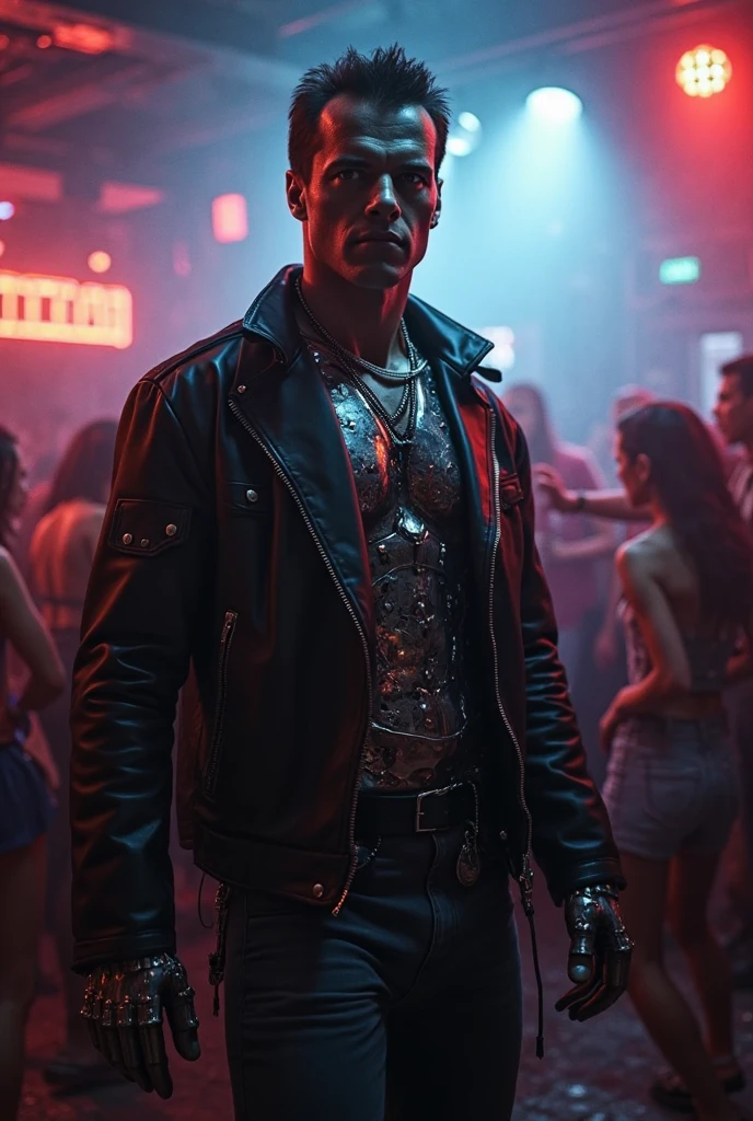 Tattooed male, man, shaved head, pointy mustache soul pach,(visinle, red glasgow smile scars) toll, slim fith, long leather coat, leather pants no shirt, black eye make up, summer night passing bi the club, lights make scars more visible, line of hot,girls waiting to get in