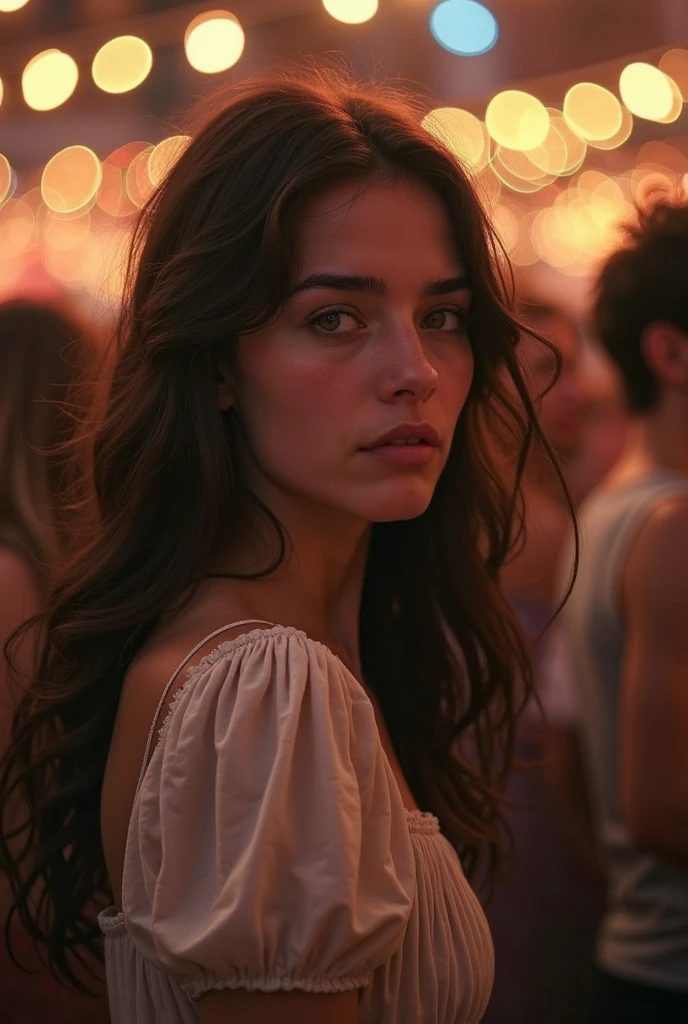 dancing in a ;short tight floral, dress, ,21 years old her light brown long, Brown eyes
height 1m62, small in the evening party ,in Ibiza beach