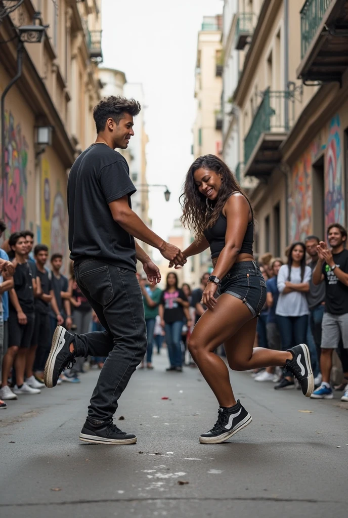: a dynamic photograph of two people engrossed in hip-hop dance in Rio de Janeiro at sunlit midday::2, showcasing their expressive moves and style::2 amidst the urban setting with graffiti elements adding to the street vibe::1