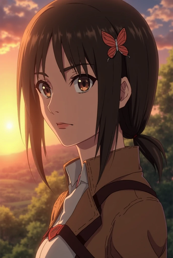 SFW, ((front view:1.8)), (((upper body focus:1.8))), close up, intense gazzing, eye contact, facing the viewer, looking at viewer, (attack on titan cosplay), shirt, yellow shirt, pants, white pants, leg straps, body straps, smirk, smirk smile, pink lips, long eyelashes, ultra detailed eyelashes, bushy eyelashes, tied hair, strong collors, on a medieval city, adult body, adult face, sasha_braus, long hair, reddish brown hair, (light brown eyes), ponytail, long hair, , (((solo))), (((1girl))), slim figure, , soft skin, , masterpiece, best quality, high definition, , ((masterpiece)), best quality, fair skin, notably long eyelashes, cute face, blushing, (realistic eyes), perfect face, high quality face, mature face, tall girl, perfect shadows, perfect light, ((small ))