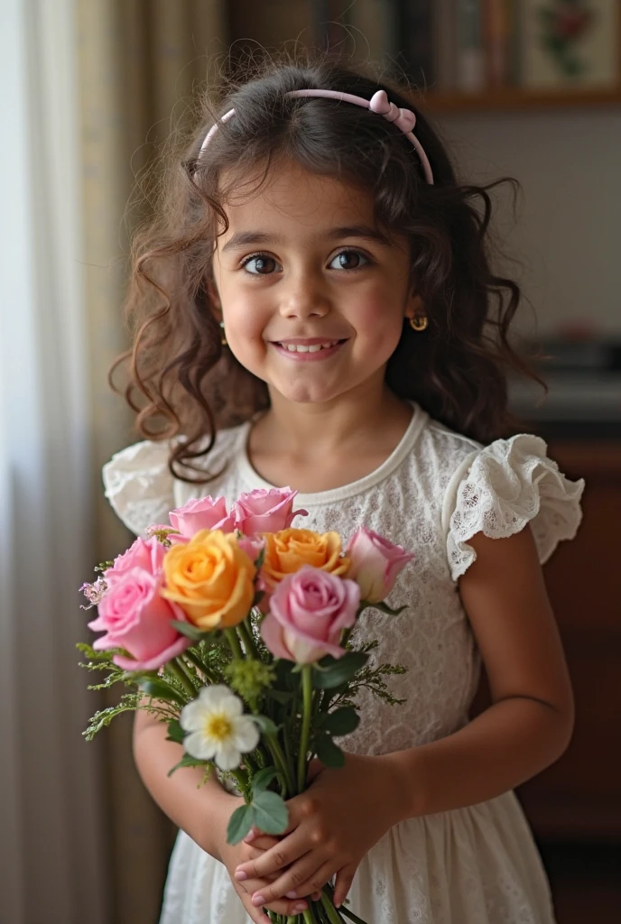 Uma menia de 6 anos vestindo uma beca preta em uma formatura do infantil 5 ela tem cabelos catanhos claro com olhos castanhos , fundo branco, Estilo Pixar, ..3d, desenhos animados, rosto detalhado, asymmetrical 16k, sorriso  faltando um dente.