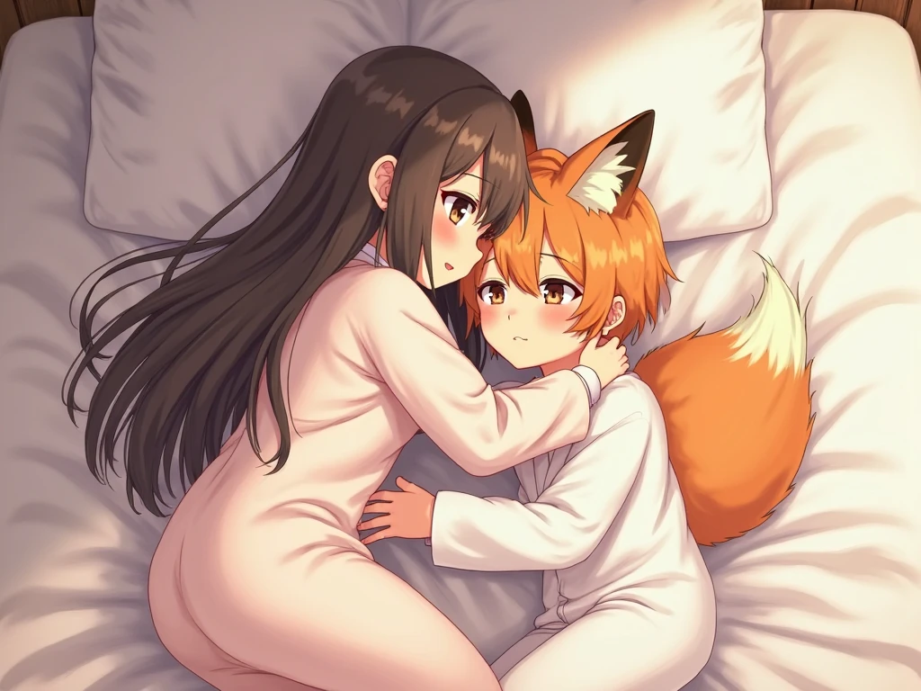 Score_9, Score_8_up, Score_7_up, Score_6_up, Score_5_up, Score_4_up, source_anime, anime style, anime screencap, 1girl, holo, brown hair,long hair,red eyes, wolf girl,wolf ear,wolf tail, cute, full blush, sex, pussy juice, closed eyes, [[happy]], 1boy, shota, on bed, from side, hugging, hug