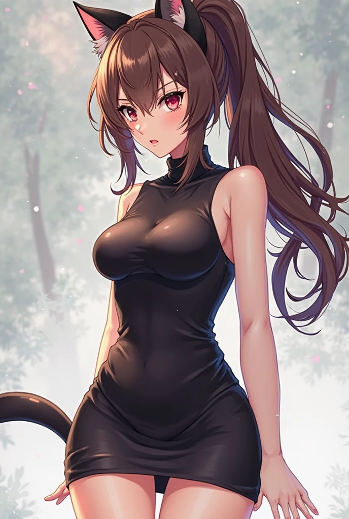 <lora:YVAO-beta:0.75> YVAO, 1girl, animal_ears, braid, brown_hair, hair_between_eyes, long_hair, looking at viewer, medium breasts, solo, cat tail, yellow_eyes, red dress, cat girl, cat ears, outdoors, forest, paw pose