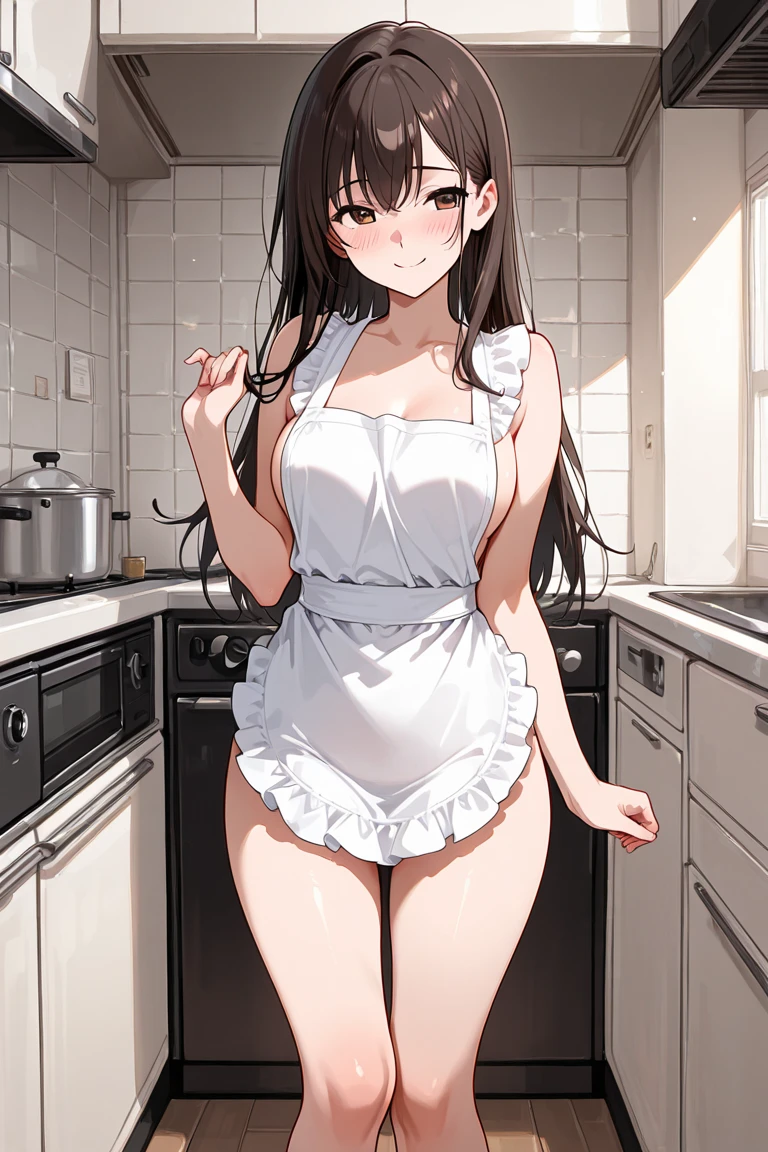 Long black haired milf with medium breasts, thin waist, big thighs, semi naked on a tablecloth, washing the kitchen dishes