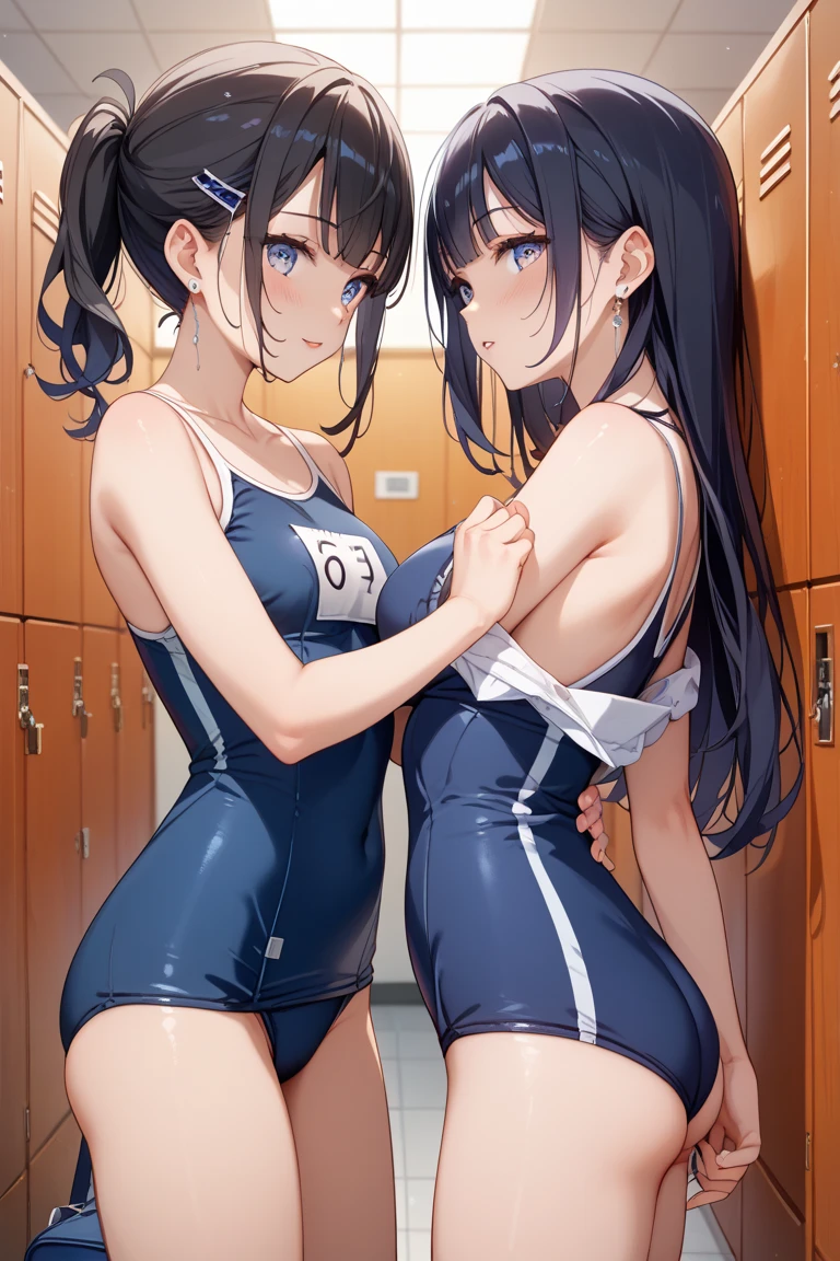 masterpiece, best quality, 2girls, 10yo, (petite), ponytail,
seductive smile, open mouth, stretching, leotard, see-through, nipple slip, small breasts, (school gym:1.1),