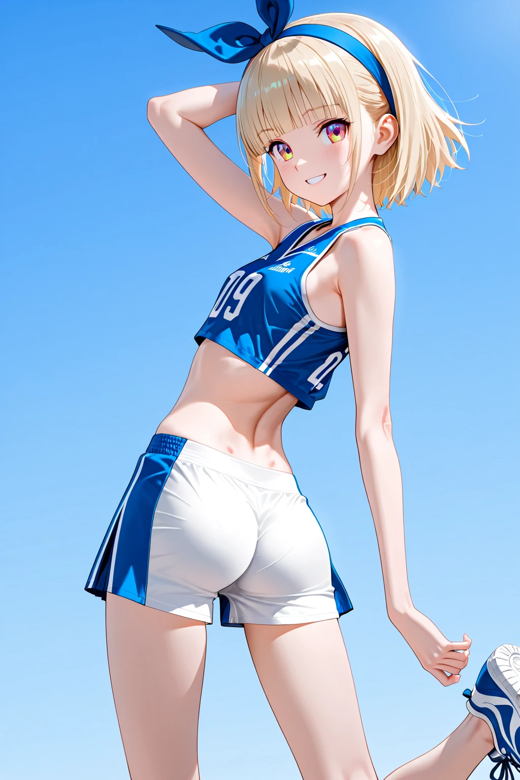 masterpiece, realistic, 8 K, (1 cute 18 year old girl with small firm nicely shaped breasts:1.5), Russian, blue-white-blue football uniform with inscription "Zenith"(soccer uniform:1.3), (Blonde tousled hair:1.1) , shortcut, (shaggy pixie haircut:1.2), beautiful expressive realistic blue eyes, developed athletic muscles, athletic build, looking into the distance, nice smile、half-turn towards the viewer(unconscious virgin sexuality), I don't wear a bra because it's uncomfortable, highest quality human skin texture, Realistic skin, Beautiful face, expressive look, upper body