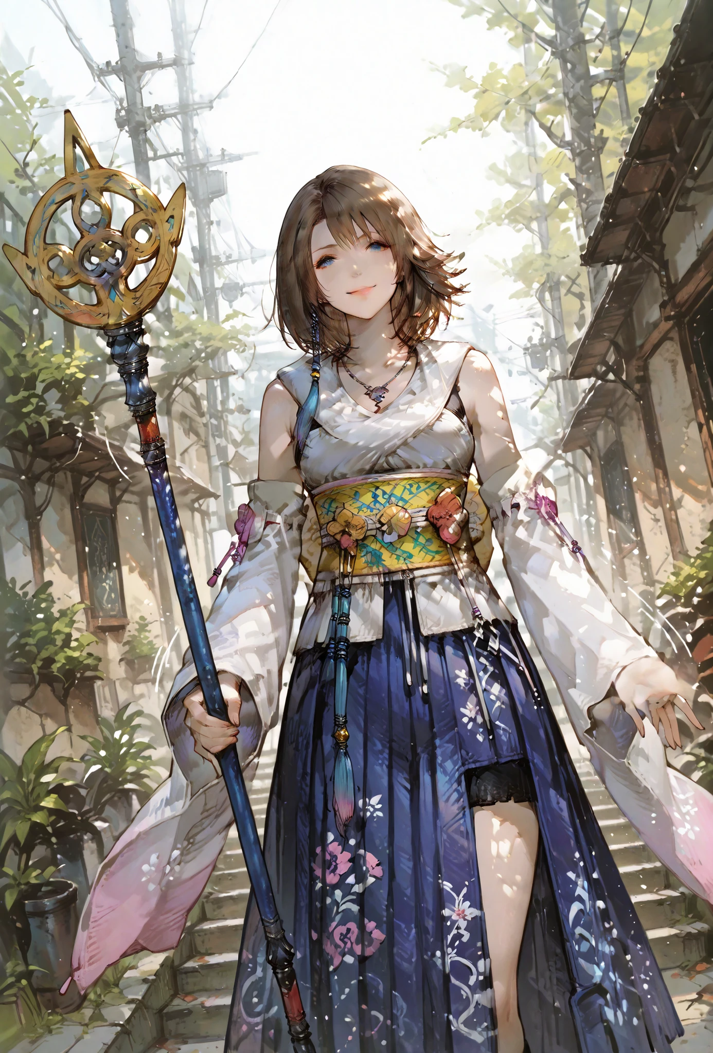 (score_9,score_8_up,score_7_up),Yuna (FFX), ((WOMAN,YUNA , FINAL FANTASY X, YUNA full clothers, WITH A MAGICAL YUNA STAFF ,), ,,extremely detailed,dynamic lighting,best quality,,,best quality,high quality,, , dynamic angle, , thick thighs, motion lines,, , solo, perfect eyes,,DETAIL,MASTERPIECE,,Expressiveh, ultra detailed,,,,very detailed,extremely detailed,dynamic lighting,best quality,(score_9,score_8_up,score_7_up), YUNA, FINAL FANTASY X, BLUE eyes, BROWN MEDIUM HAIR SPIKY hair, , BODY TYPE SLIM,,extremely detailed,dynamic lighting,best quality,pale skin,evil smile,, sleeve,