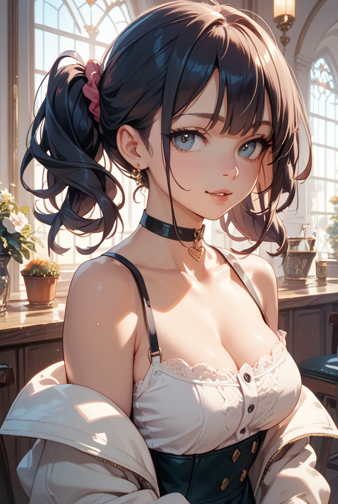 masterpiece, Best image quality, high resolution、solo、LOP,off shoulder outfit,big bust,、uniform、high-ponytail Hairstyle、Not wearing a bra、Sweaty face、latina, puberty,winters,Yuki,38 years old,Madame,goddess,mature woman,