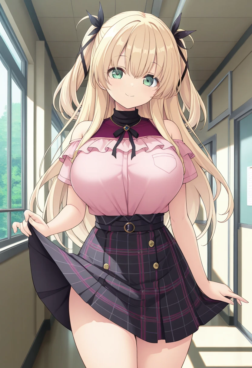Slim build with curves, big chest, dark green eyes, Long blonde hair and tips painted pink, Her long hair styled with two braided pigtails placed to the right and left fell in front of her shoulders and her bangs reached her eyelids.. a white bow along with a black hairpin, white collared shirt with stripes and long sleeves. She wears a light purple skirt with white details at the end.. complemented with light pink striped white long socks