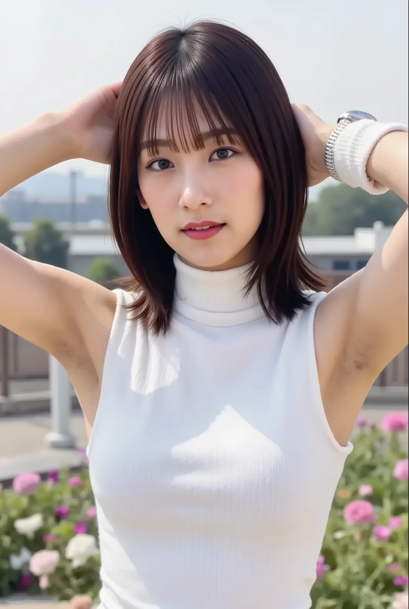 young woman standing in front, Wear a tight sleeveless, high neck short length white knit dress, Place your hands directly behind your head,  Bend forward slightly, flat concrete area. very , Her hair color is dark brown., medium hair,  In the back is a field of colorful flowers all over, full body visible up to the toes,nicely arranged bangs