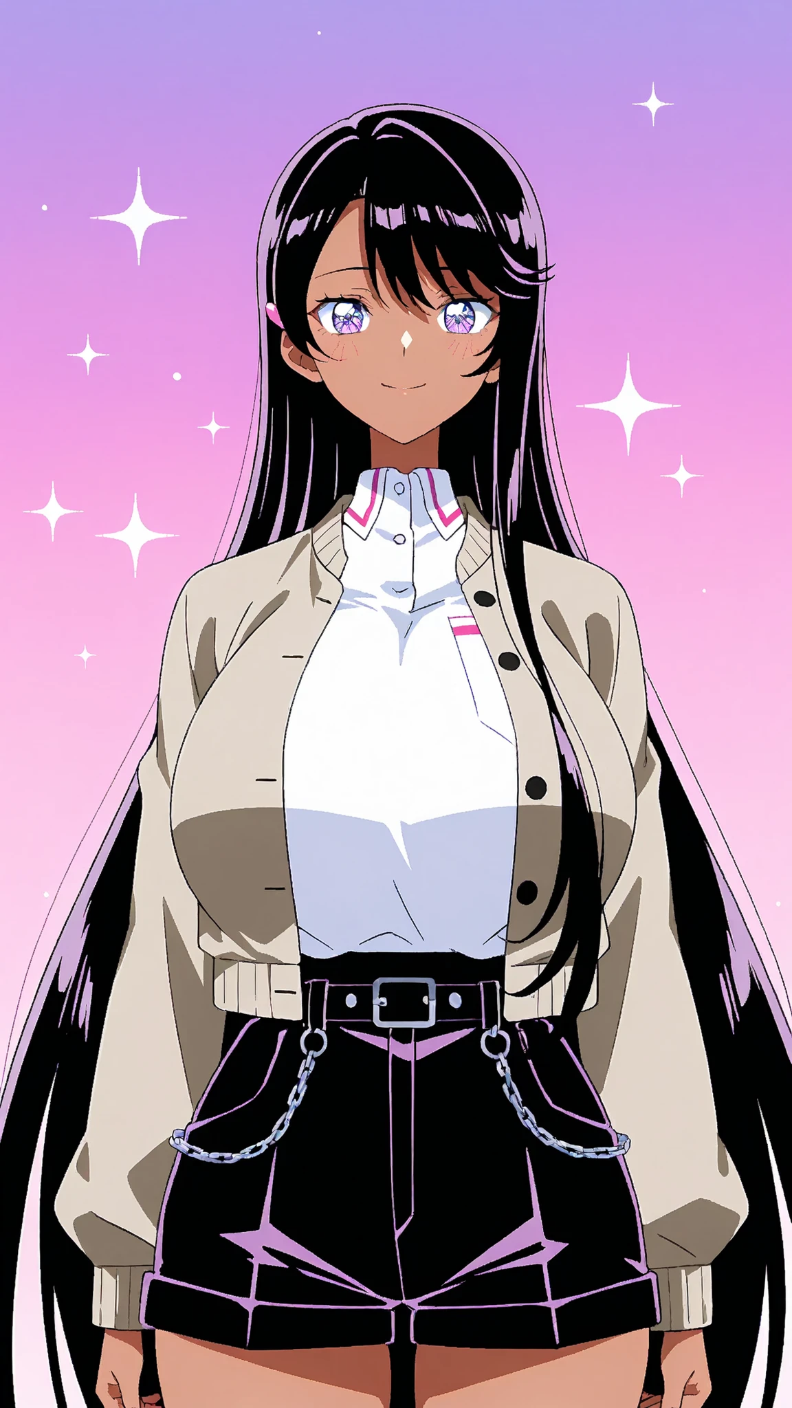 1girl, anime style, anime screencap style, dark skinned, tanned skin, breast expansion, hyper gigantic breasts, curvy voluptuous figure, narrow waist, wide hips, thick thighs, athletic yet feminine build, long black hair, silky hair, gentle expression, soft smile, smile, clear eyes, glossy eyes, subtle blush, wearing cropped black zip-up sports top with high collar, light gray bomber jacket with pink accents, high-waisted black shorts with belt and utility pouches, small chain accessory on shorts, sporty yet stylish outfit, standing pose, arms at sides, cowboy shot, soft lighting, clean lineart, anime screencap style, symmetrical eyes, consistent eye style, identical eyes, same eye shape, uniform eye design, frontal gaze, looking at viewer, vibrant pastel background, pixel art elements, neon sparkles, 8-bit UI, playful icons, stickers, hearts, stars, colorful clutter, anime UI overlay, arcade vibes, cowboy shot, POV, high resolution