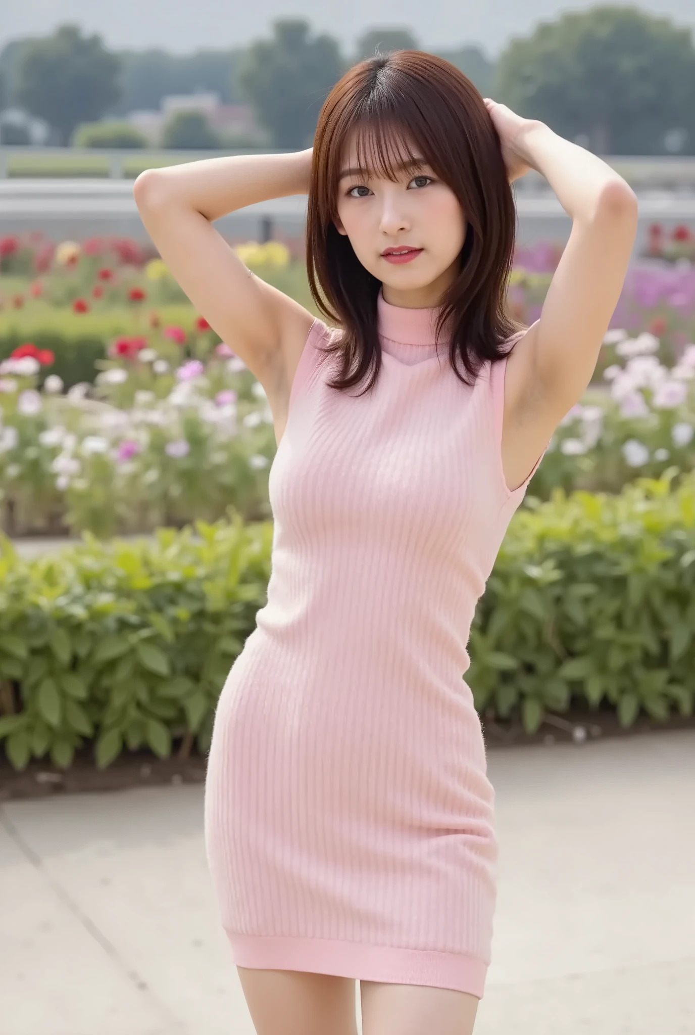 young woman standing in front, Wear a tight sleeveless, short light pink knit dress with high neck, Place your hands directly behind your head,  Bend forward slightly, flat concrete area. very , Her hair color is dark brown., medium hair,  In the back is a field of colorful flowers all over, full body visible up to the toes,nicely arranged bangs