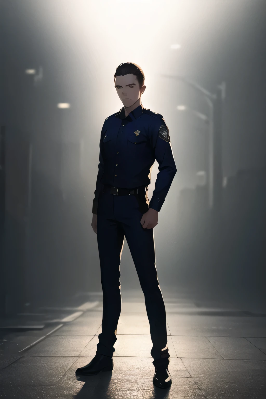 can you draw a man in an American police officer costume、navy blue uniform，A 32-year-old police officer,can you draw a man with an expression in alert mode observing his surroundings,using cinematic lighting and ray tracing  ，with dark hair,Male,The man in the black leather jacket,,using cinematic lighting and ray tracing ,standing full body,please draw a more delicate expression,