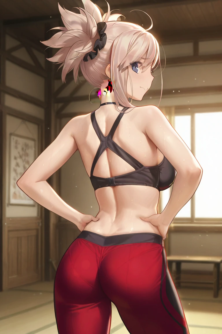 score_9, score_8_up, source_anime, 1girl, solo, chstnshkg, red eyes, short hair, hair ribbon, red buruma, midriff, bare shoulders, hands on hips, from behind, looking back, smile, <lora:Hoseki_LycorisRecoil_ChisatoNishikigi_PDXL_v1:0.9>