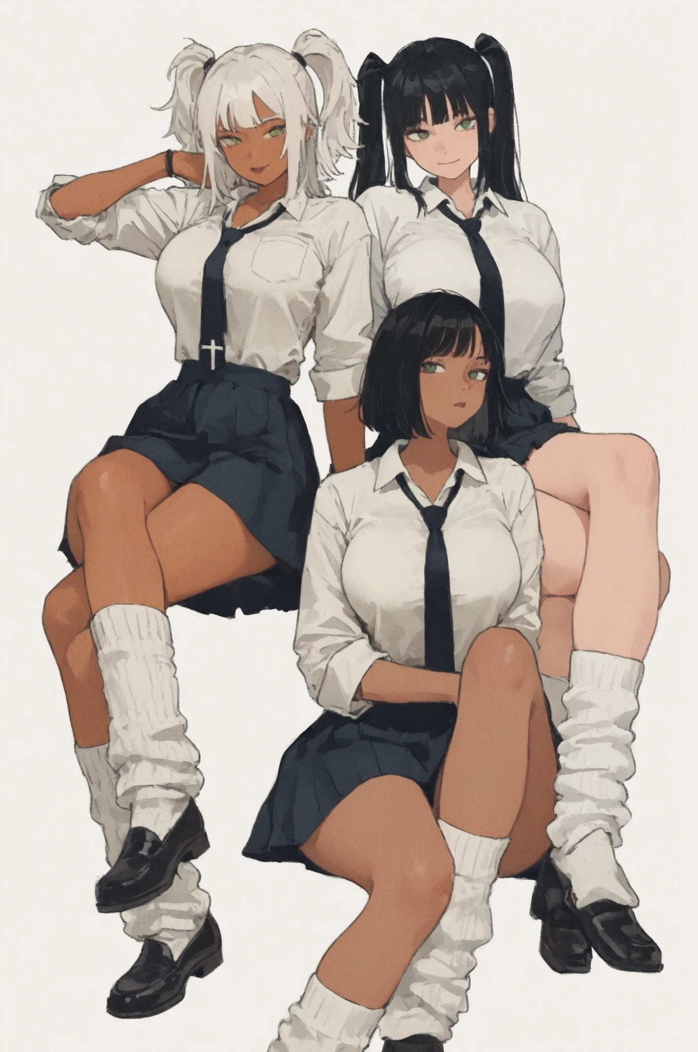 masterpiece,ultra detailed,2d, flat shading, flat illustration, minimalist, pop art style, Neo-Pop,Infographic drawing, lineart,neutral white background,(2girl),dark skin,green eyes,white and black hair,long twintail hair,curvy thigh,large breasts,school uniform,shirts,neck tie,skirts,loose socks,loafer,seductive posing,sitting,cross legs,