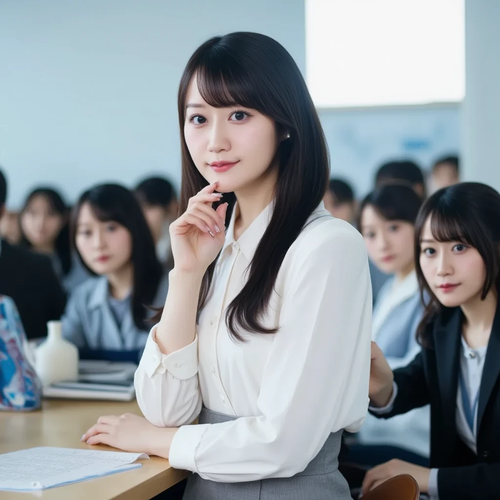 masterpiece , Highest quality , Very detailed , 8k , Cute Woman , One girl , blouse , bangs , smile , White teeth , Symmetrical eyes, 半袖blouse、mini skirt、Red Heels、Summer daytime、I can sit in a chair and listen to a lecture in a campus classroom.、