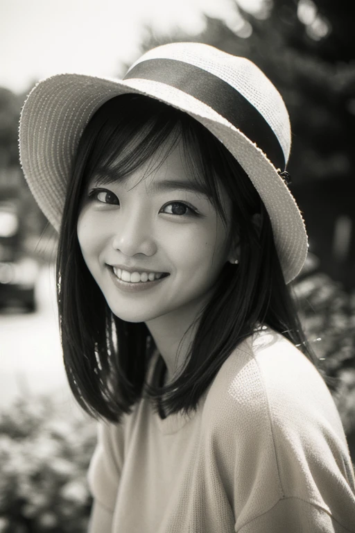 masterpiece,best quality,(Japanese ),((Beautiful girl)),cleavage,(perfect body beauty:1.2),(shy smile),beautiful teeth,(Blurred background of brick buildings),(hat),