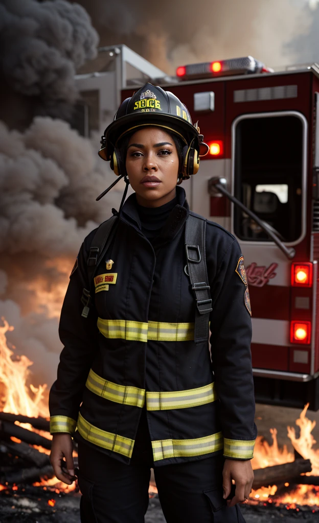 (medium full shot) of (gorgeous young woman:1.1) firefighter, brazilian with dark, wavy hair, brown eyes, tan skin, athletic build,             wearing Yellow turnout jacket with reflective bands, bunker pants with extra pockets, firefighter helmet with radio mount, rugged work boots, fire hose with adjustable nozzle, scared at the viewer, she's making a (have to pee) pose,  set in  City Street, Tumultuous sight with flames engulfing parked cars, scorched park benches, swirling embers carried by the wind, melted street signs drooping from their poles, and panicked crowds fleeing in all directions , at sunset ,Masterpiece,best quality, photorealistic, amazing quality, very aesthetic, extremely detailed face,