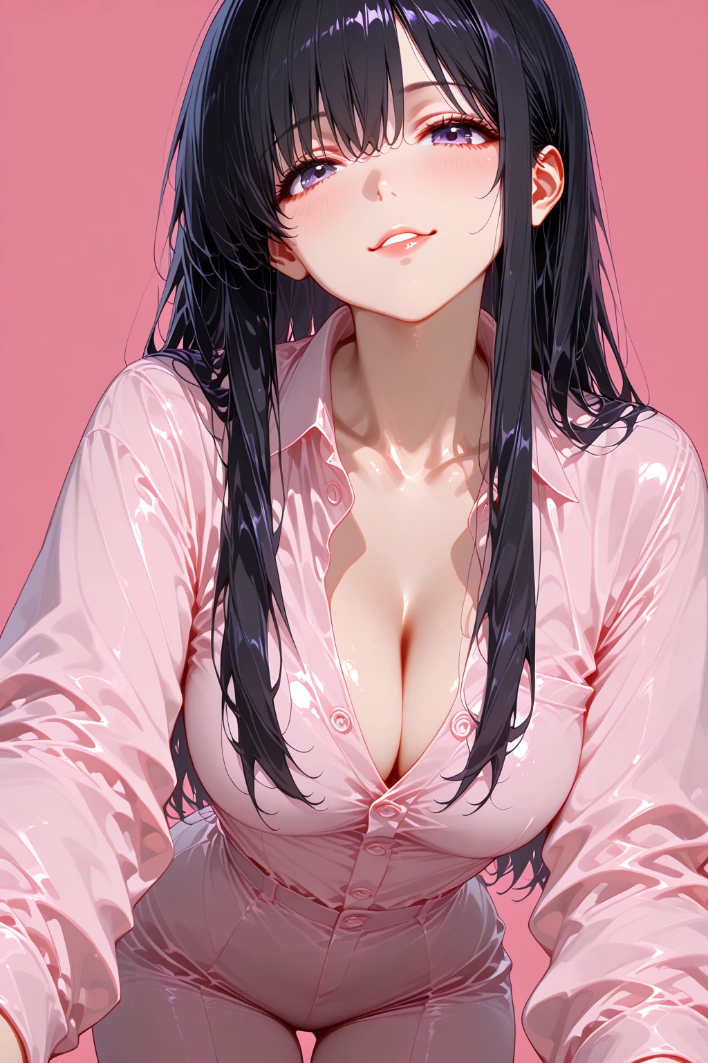 ((super high quality,Ultra-high resolution,4K,8k,super masterpiece,Ultra HD)),Dimly lit bedroom,On the bed,Lying down,One sexy woman,(popped collar White shirts),High collar,Tight collar,Black hair straight short,Sharp Eyes,Ahegao,smile,blush,sexy,Pearl Earrings,Pearl Necklace,wedding ring,Put your hands on your head,Sweaty,Spread your legs,Big penis,Penis insertion,semen,Drooling,Hold the cell phone to your ear,