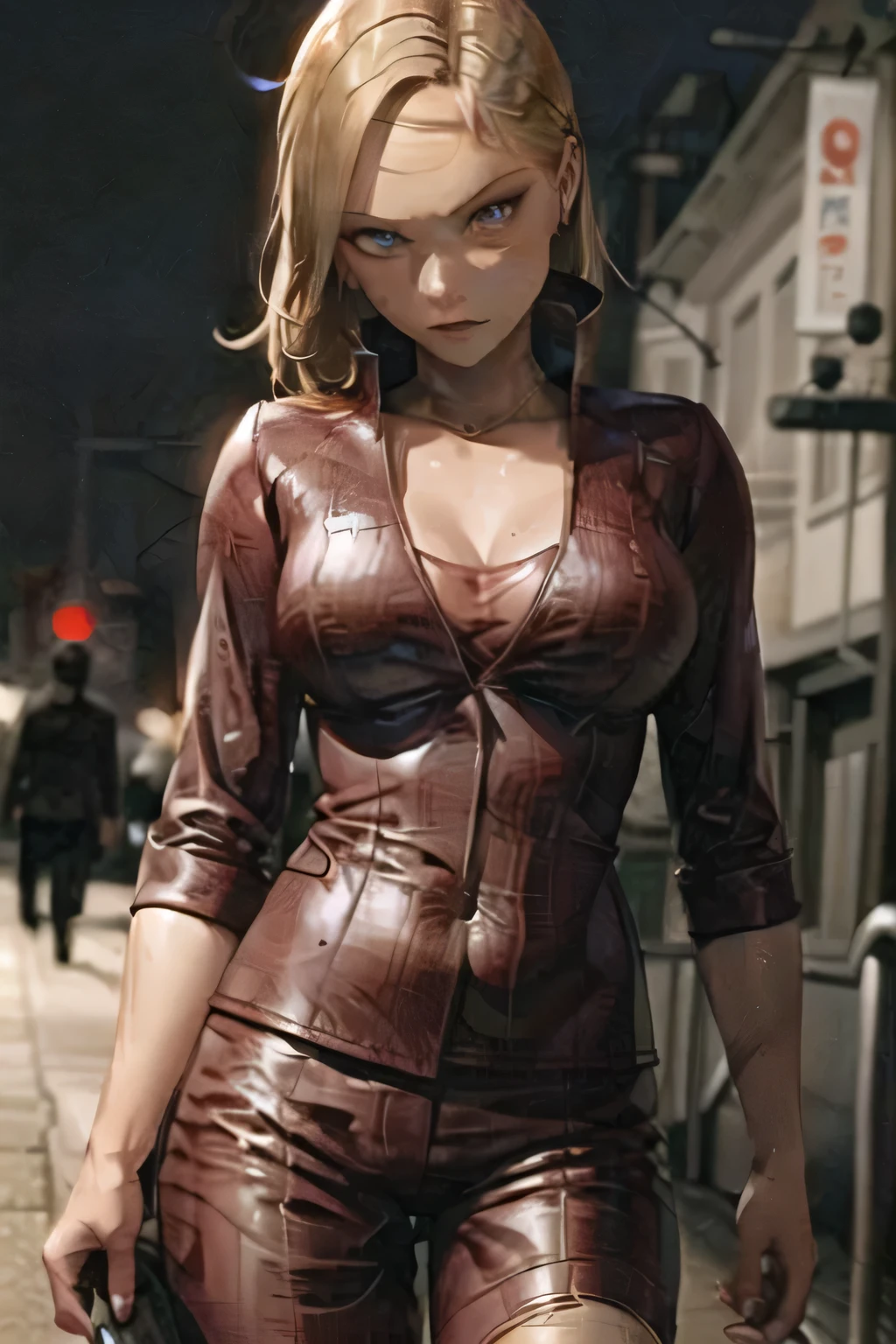 Blonde woman ，woman in red leather jacket，The costume of an ordinary woman in medieval Europe around 30 years old ,cyborg in alert mode exploring the city,dark background，市街地を探索している，can you draw a more delicate expression,I'm bundling my hair,