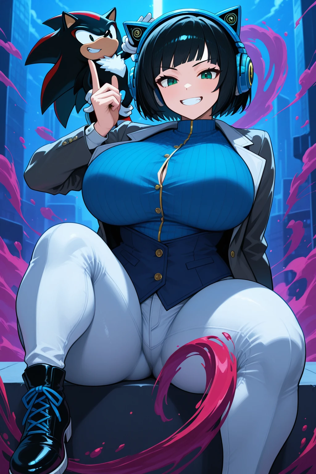 ((((1girl)))), ((dark blue inverted bob haircut, dark blue inverted bob hairstyle, dark blue eyes, eyes has hypnosis swirls)), (((extremely busty, extremely wide hips, extremely big ass))), slightly tan skin, (wearing Japanese white high school with white skirt and blue tie, wearing dark blue stockings, wearing brown loafers, wearing white panties), squatting looking down at viewers, pov viewer pone ground view, slightly cloudy, sunset sky, slightly cloudy, squatting a few feet from viewer, disgusted emotion, pouting, on bottom of flight of stairs, park background, ((hands resting on knees, school brown satchel hanging on right shoulder)), holding phone up to face, defined cameltoe,