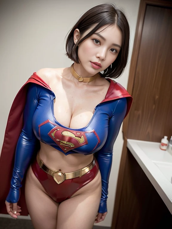 masterpiece、Enamel Supergirl Costume、Short Hair、Hospital operating table、Crisis situation、Big and ample breasts、looking at the camera、Shiny、Off the shoulder、choker、Long sleeve、exy poses to seduce、Sweaty skin、Model Body Type、Alluring、charm、Enchanting、Abused、test subject、victim、Wild、Photorealistic、latex、High leg leotard、Belly button、Leg spread、