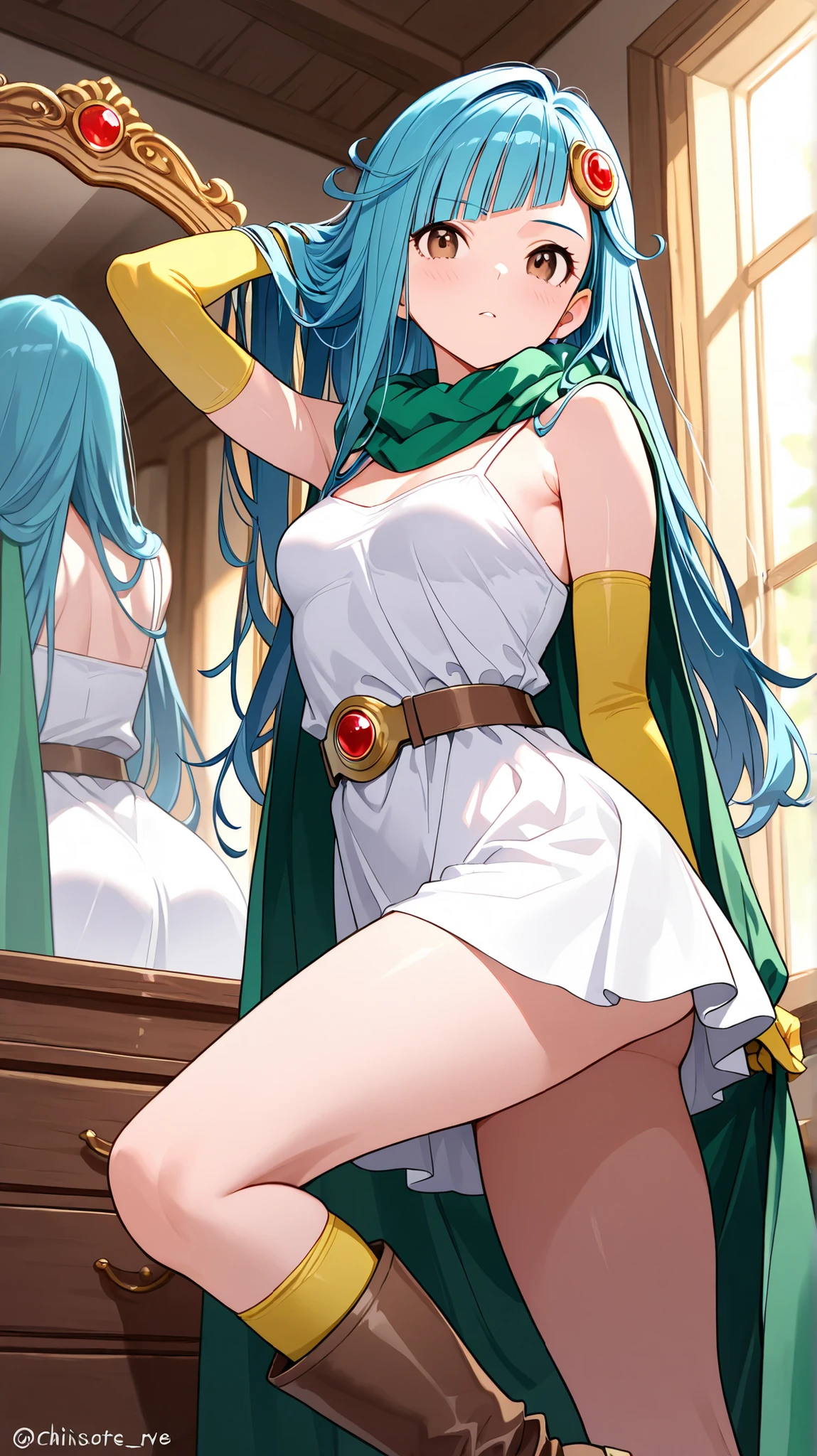 masterpiece、looking in the mirror、Comb Your Hair、Let's fix the hairstyle with、 in the mirror、Professional Lighting、 diagonal bangs、 Bright Blue Hair 、20 years old、masterpiece, Highest Quality, Super Detailed, Dragon Quest III: Wise Woman 、Long Hair,, A red jewel inside a dungeon with a room of mirrors、 brown eyes,small breasts, Yellow Gloves, white dress, belt,emerald green cape, boots、undressing