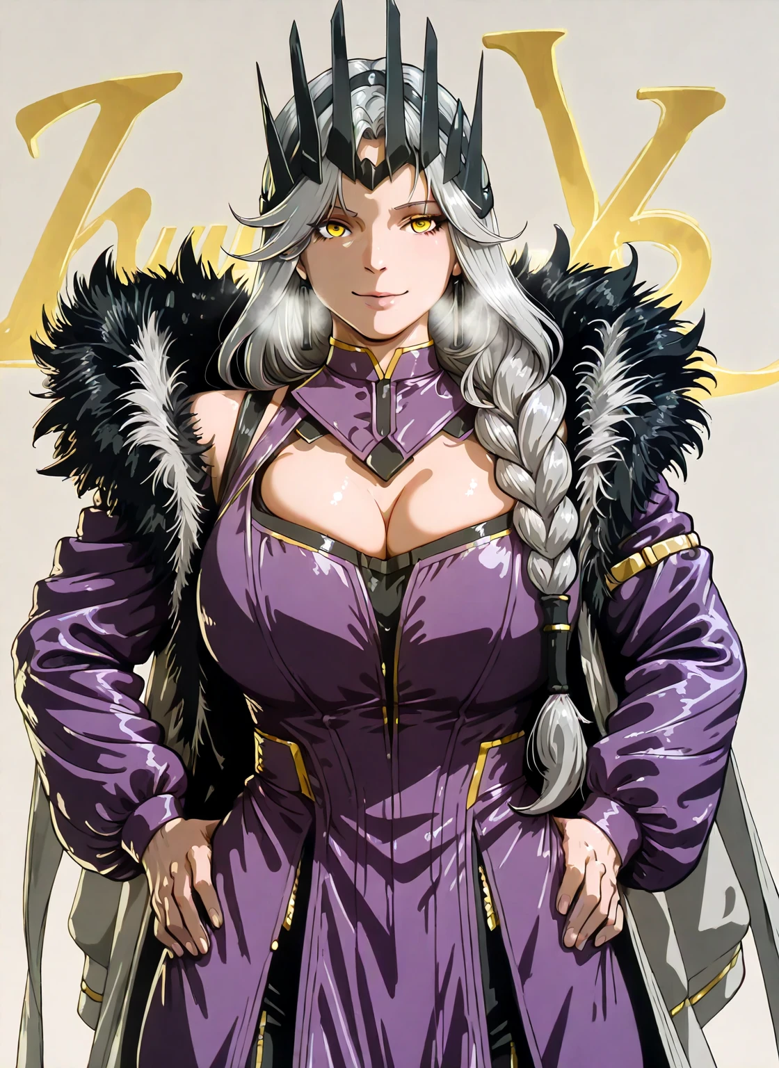 (kunaboto-style:1.6), (cirenk-style:1.2), (ruberule-style:1.4), ((anatomical correct)), ((Cinematic, unreal engine, eye-catching, ambient occlusion, UHD, masterpiece)), ((perfect lighting, soft shadow)), perfect body, perfect eyes, perfect fingers, gasping, heavy breathing, gasping profusely, (()), ((curvy)), mature female,long hair,grey hair,braid,yellow eyes, (voluptuous:1.5), (mature female:1.5), 1girl, , dress, rating:safe, purple_dress, tiara, hands_on_hips, solo, cleavage, jewelry, fur_trim, long_sleeves, detached_collar,  smile,  