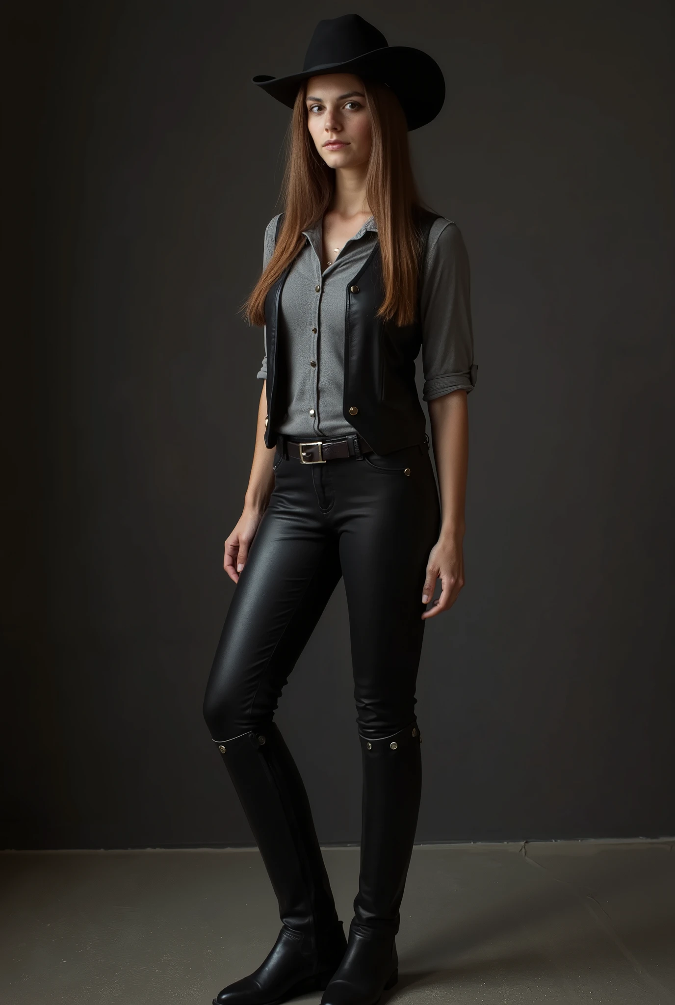 Dressage Riding Boots, (photorealism:1.2) high detail beautiful young woman standing in a dark room facing the camera. She has slim, narrow face, brunette hair, freckled cheeks. She is wearing a black felt cowboy hat, grey button up shirt, black leather vest, black breeches, tall riding boots that goes to her knees. Midday sun illuminates her and the scene.