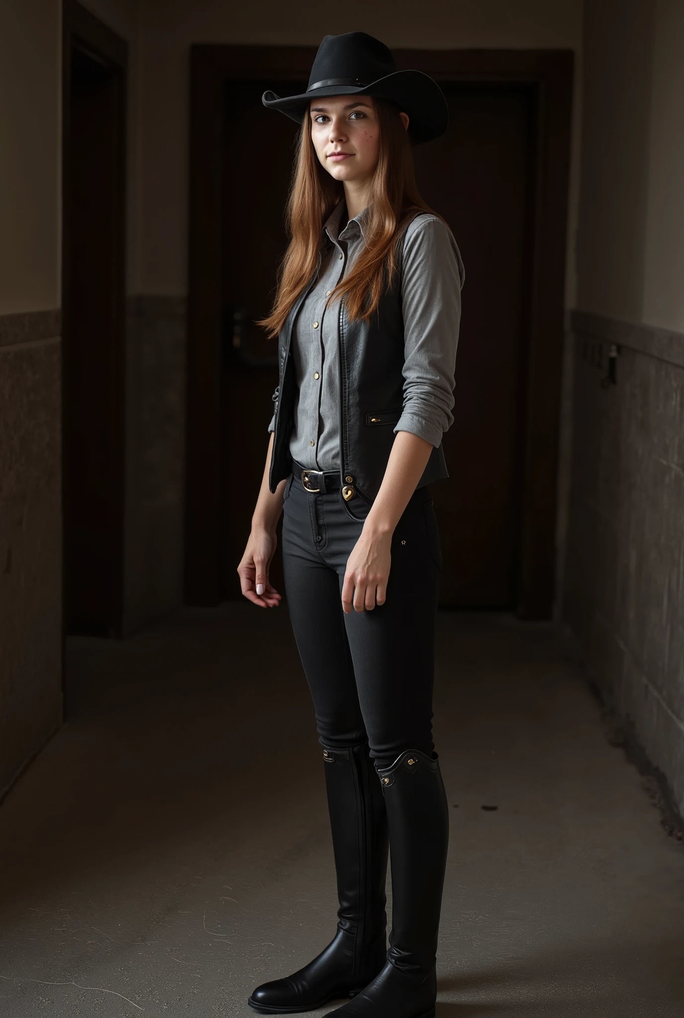 Dressage Riding Boots, (photorealism:1.2) high detail girl standing in a dark room facing the camera. She has slim, narrow face, brunette hair, freckled cheeks. She is wearing a black felt cowboy hat, grey button up shirt, black leather vest, black breeches, tall riding boots that goes to her knees. Midday sun illuminates her and the scene.