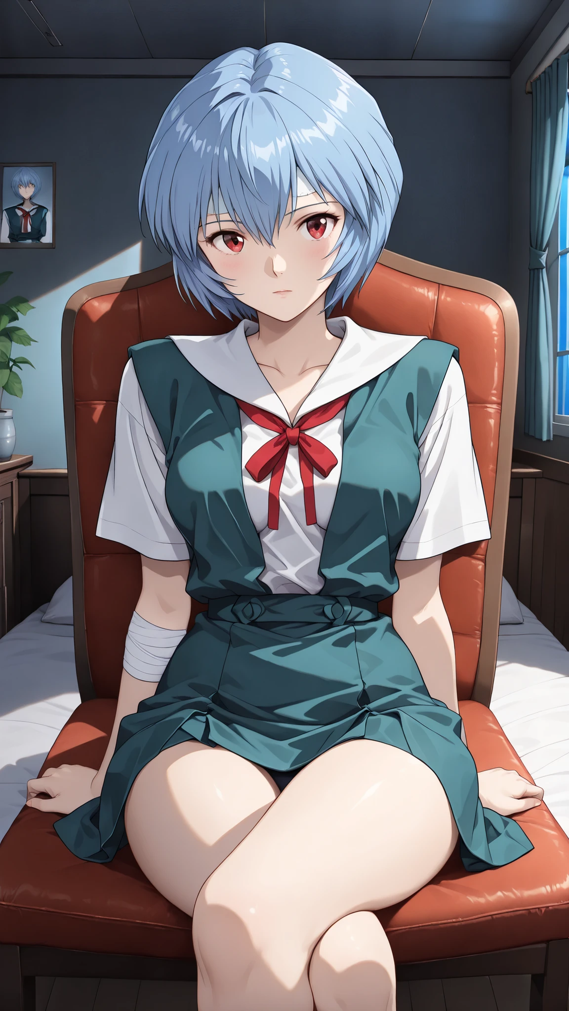  cinematic, (masterpiece), (Highest Quality), (Super Detailed), very aesthetic, Illustrations, realistic Illustrations, Perfect configuration, complicated details, super high resolution, detailed face, (anime, masterpiece, complicated:1.3), (Highest Quality, High Resolution Textures, very detailed:1.2), (4K),(incredibly detailed:1.4),detail eyes from the camera's point of view,   Real Shadow,  1girl,Ayanami Rei from below, (school uniform,bandage,)
bright room、sit on a chair、legs crossed、,moonlight,1980’s anime style, ,effect ,(show The Dark Knight:1.3)、cowgirl position, open legs, on bed、undressing、A woman is grabbed by the chest from behind by a man