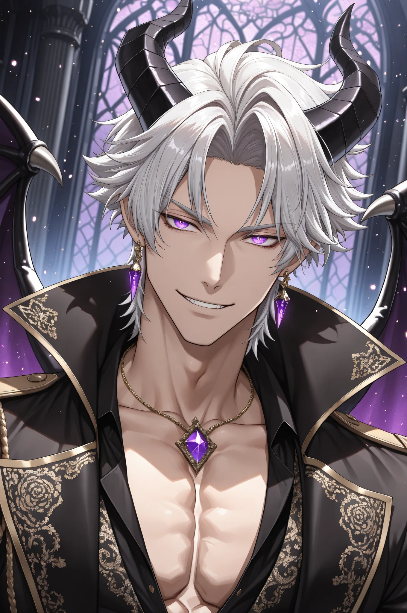 
*one-piece anime style, male, white hair, purple eyes, short calm hair, handsome, pirate captain, on neck-black-tattoo-rose-and-dragon form, suit, freedom lmage, darkness power, calm round hair stlye, beautiful, gentle, pure, mischievous bright smile*