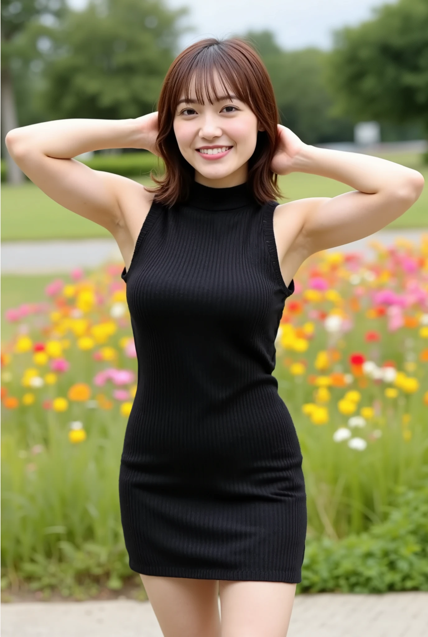 young woman standing in front, Wear a tight sleeveless, short black knit dress with high neck, Place your hands directly behind your head,  Bend forward slightly, flat concrete area. very , Her hair color is dark brown., medium hair,  In the back is a field of colorful flowers all over, full body visible up to the toes,nicely arranged bangs
