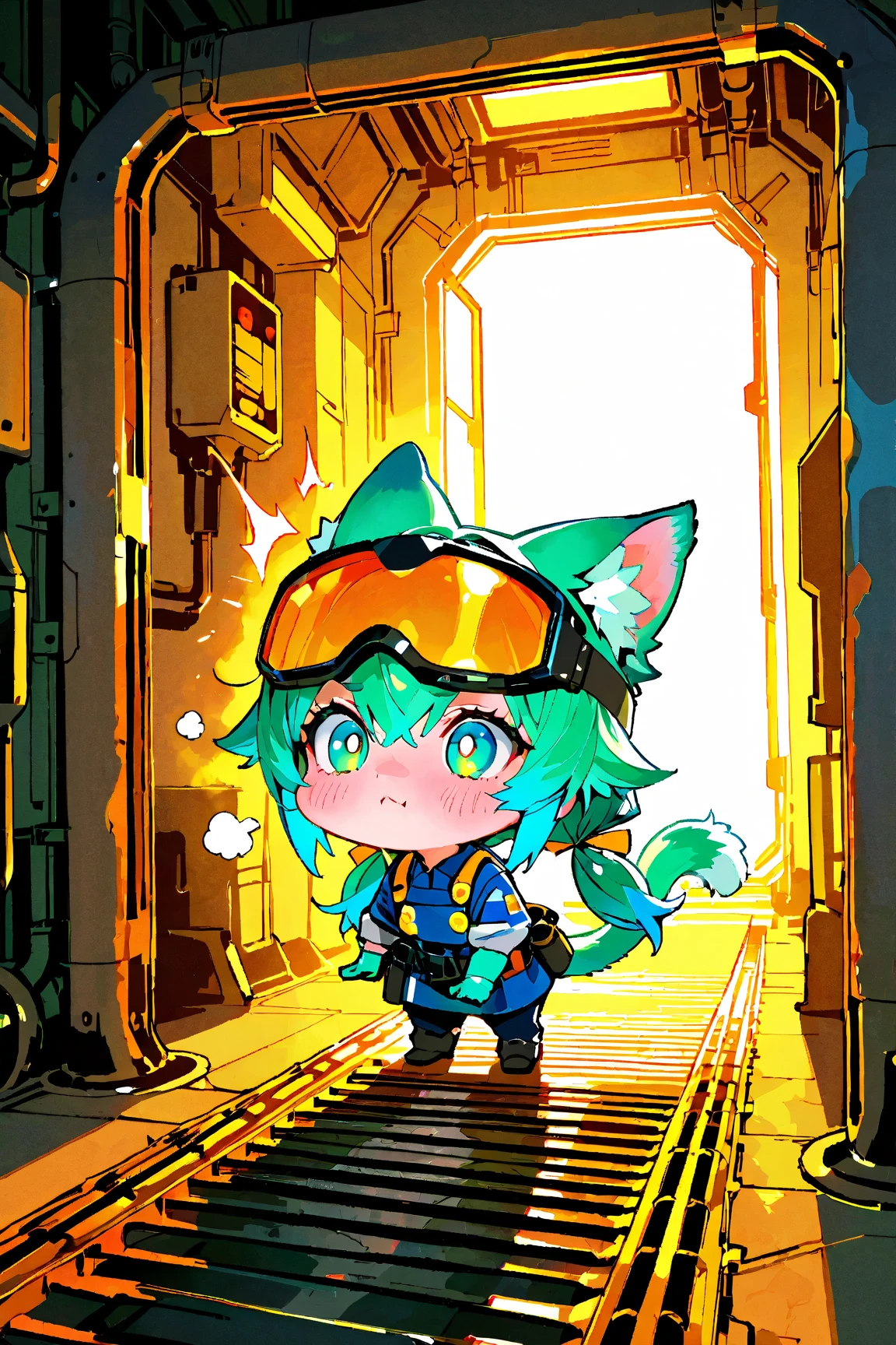 (IBG), ((((masterpiece)))), ((((top quality)))), high resolution, 32K, ultra HD, absurdres, chibi, super cute chibi catgirl, 1girl, solo, center composition, tiny body, big round head, round face, bright emerald eyes, soft blushing cheeks, fluffy sapphire blue hair with green tips, low twin ponytails with gold hair ribbons, small fluffy cat ears matching hair color, long fluffy cat tail, wearing a neatly fitted pale blue and white industrial work uniform with safety gloves, small tool belt, and protective goggles over eyes, inside a large modern factory with bright lighting, visible metal beams, heavy machinery, control panels with glowing buttons, conveyor belts in background, both hands gripping machine levers while monitoring gauges, slight determined expression with a hint of cuteness, warm afternoon light filtering through high industrial windows, faint steam and sparks around machinery, subtle fantasy aesthetic