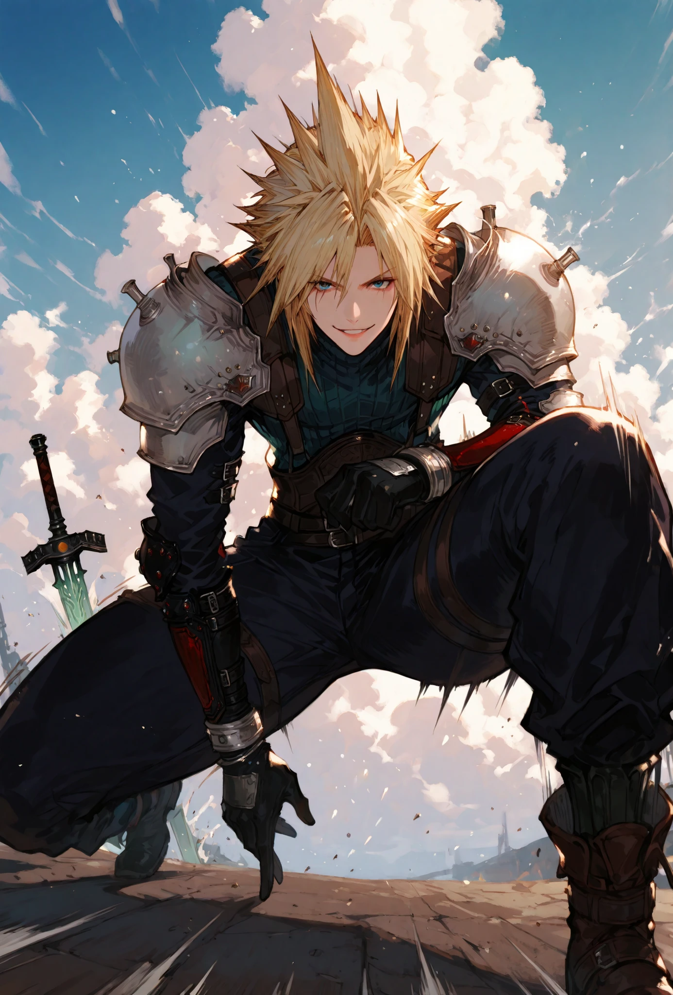 (score_9,score_8_up,score_7_up),((MAN, 1 MAN, CLOUD STRIFFE , FINAL FANTASY VII, CLOUD full SOLDIER clothers, WITH A BASTARD SWORD,), ,,extremely detailed,dynamic lighting,best quality,,,best quality,high quality,, , dynamic angle, , thick thighs, motion lines,, , solo, perfect eyes,,DETAIL,MASTERPIECE,,Expressiveh, ultra detailed,,,,very detailed,extremely detailed,dynamic lighting,best quality,(score_9,score_8_up,score_7_up), CLOUD, FINAL FANTASY VII, BLUE eyes, BLONDE SPIKY hair, , BADASS POSE,ATLETICH BODY TYPE,,extremely detailed,dynamic lighting,best quality,pale skin,evil smile,, sleeve, BLACK GLOVES