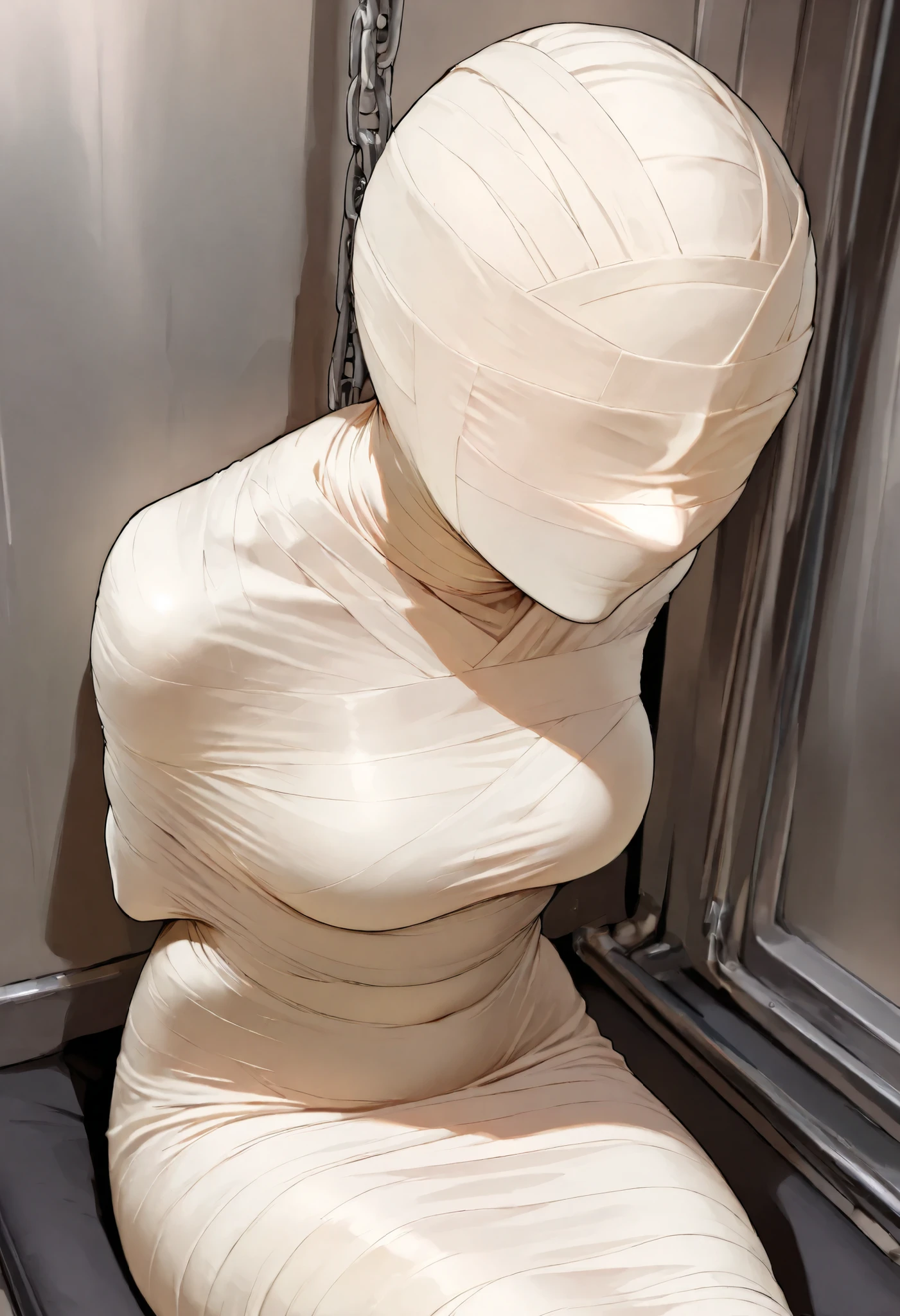 mummification, blindfold, tape gagged, (1 girl:1.4), ((Imprisoned in a warehouse)), (Highly detailed CG Unity 8k), (highest quality), (Very detailed), (Ultra-high resolution), ((Hands tied behind back)), ((Wrap the heads around with white duct tape:1.4)), (((Wrap the eyes around with white duct tape:1.5))), ((Wrap the mouth around with white duct tape:1.4)), ((blindfold around with white duct tape:1.4)), ((Wrap the face around with white duct tape:1.4)), ((From head to toe, wrap them in white duct tape to make a mummification:1.5)),